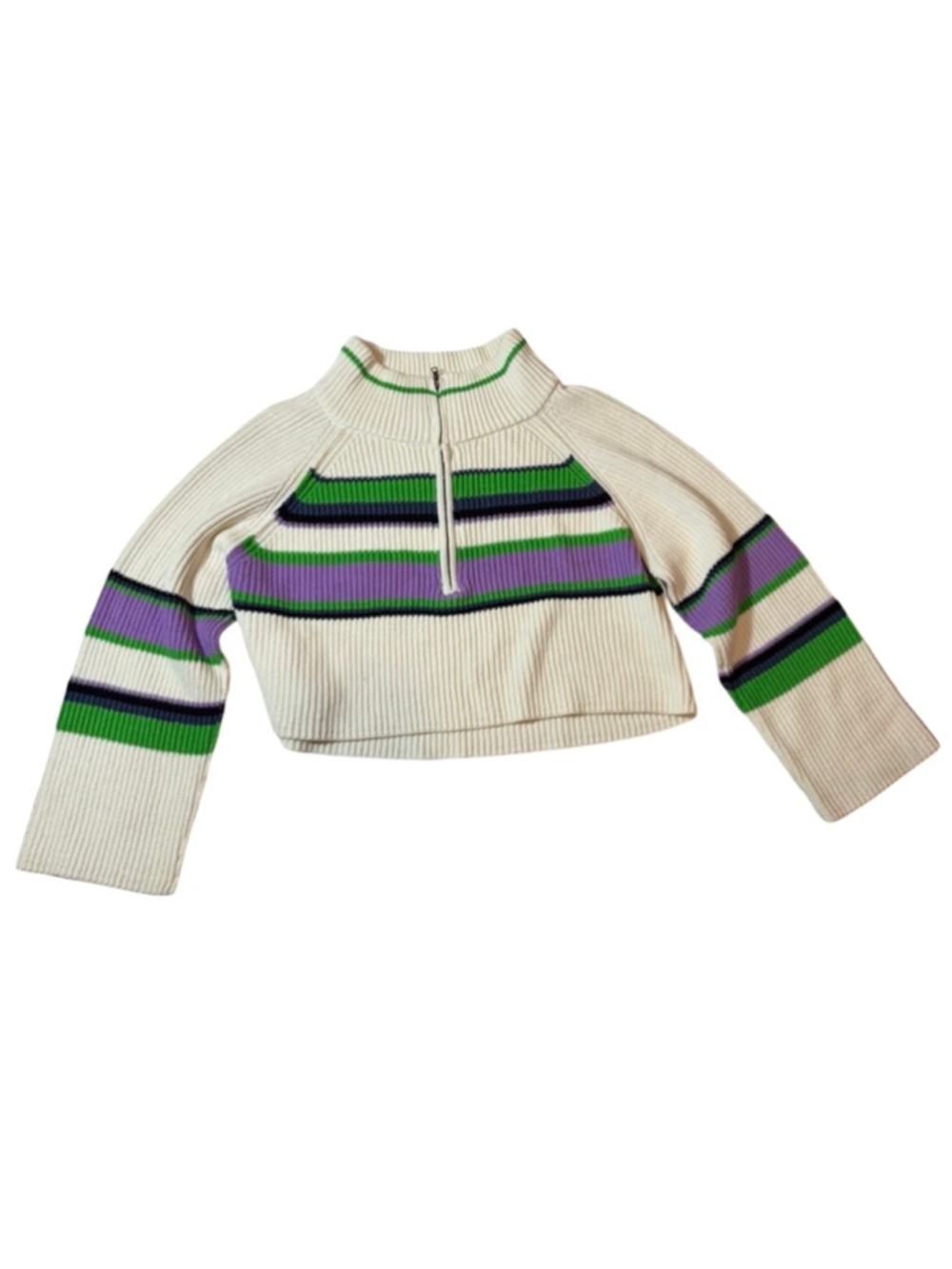Free People Greta Stripe Half Zip Sweater Cropped Rib Knit Ivory XS Cozy